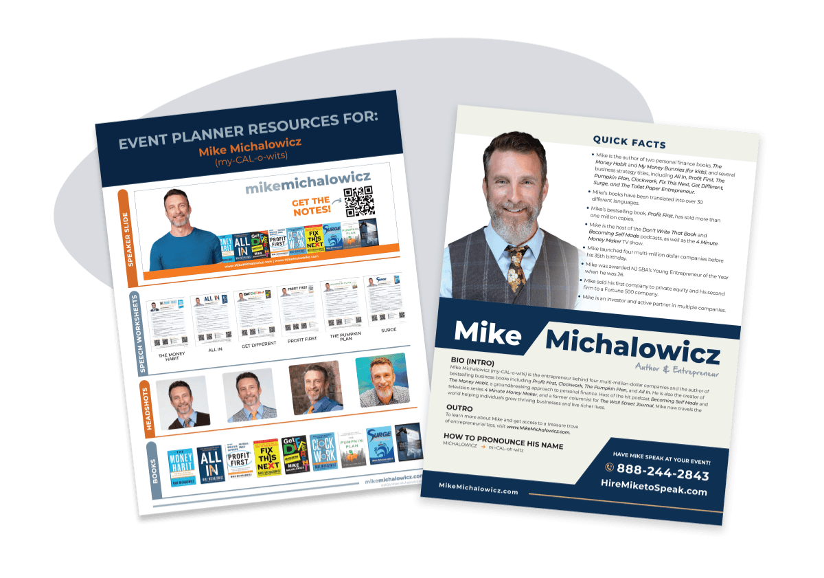 Event planner resources and Mike Michalowicz speaker one-sheet previews
